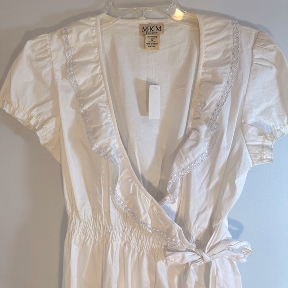 MKM Designs Womens Size M Blouse Wrap Tie Ruffle Lace Trim V-Neck Puff Sleeves - Picture 6 of 15